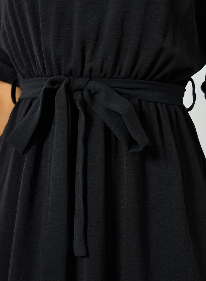 Take Two Black Short Sleeve Wait Tie Midi Dress - Image 3